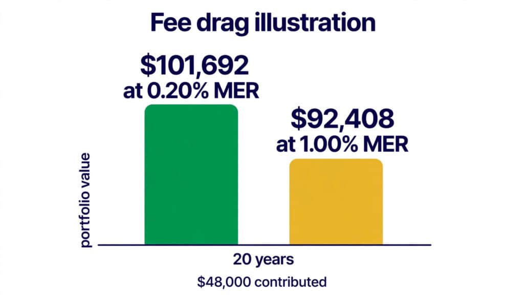 fee drag illustration — two growing bar charts side by side showing portfolio value after 20 years: "$101,692 at 0.20% MER" vs "$92,408 at 1.00% MER", same $48,000 contributed