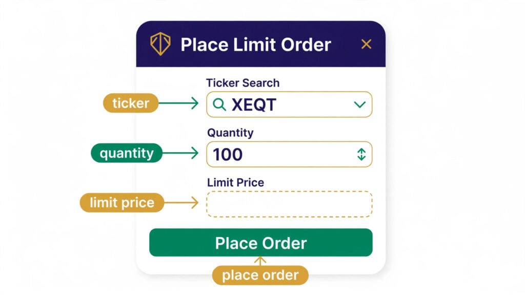 annotated screenshot-style illustration of a brokerage order screen showing a limit order for XEQT — ticker search, quantity, limit price, and "place order" button labeled