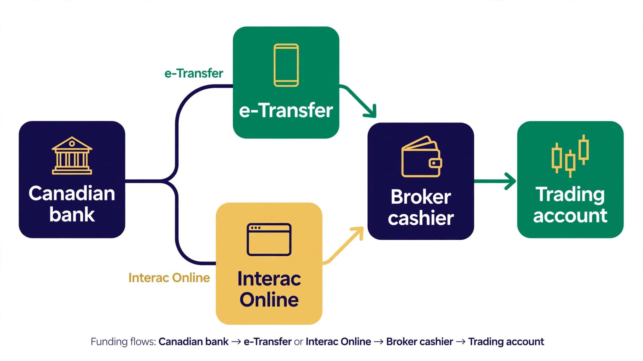 diagram explaining the two Interac funding paths (e-Transfer vs Interac Online) at a forex broker cashier