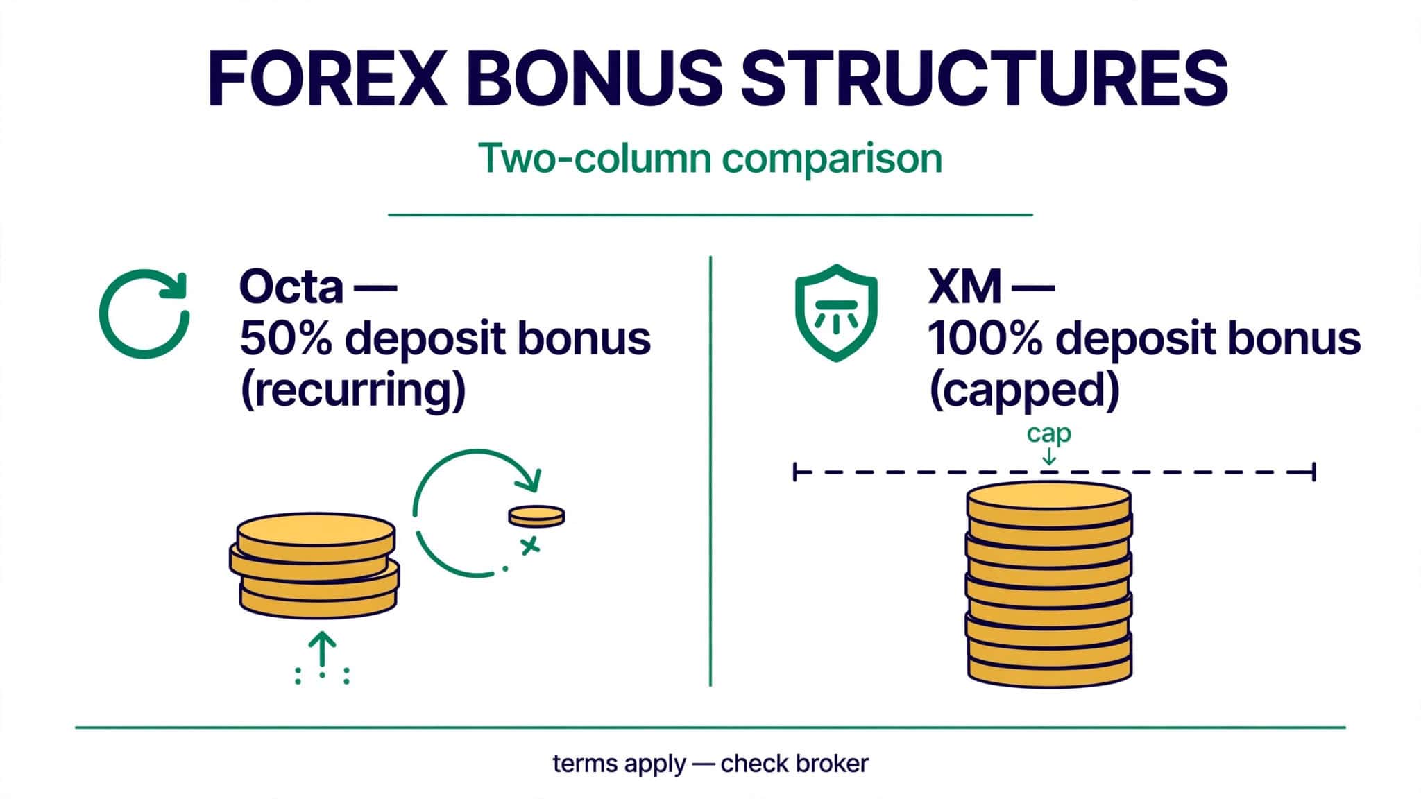 side-by-side comparison graphic of bonus structures — Octa's recurring 50% deposit bonus vs XM's 100% capped bonus over multiple deposits