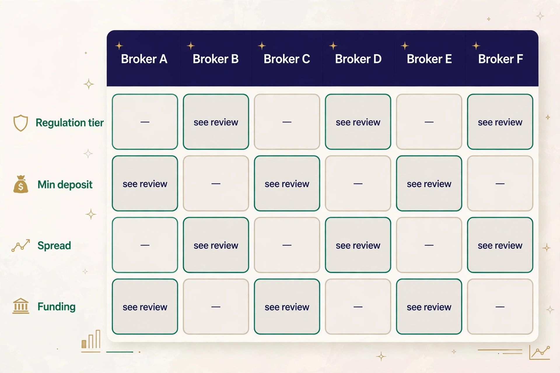 infographic summarizing the 6-broker scorecard — regulation tier, min deposit, spread, and funding method per broker