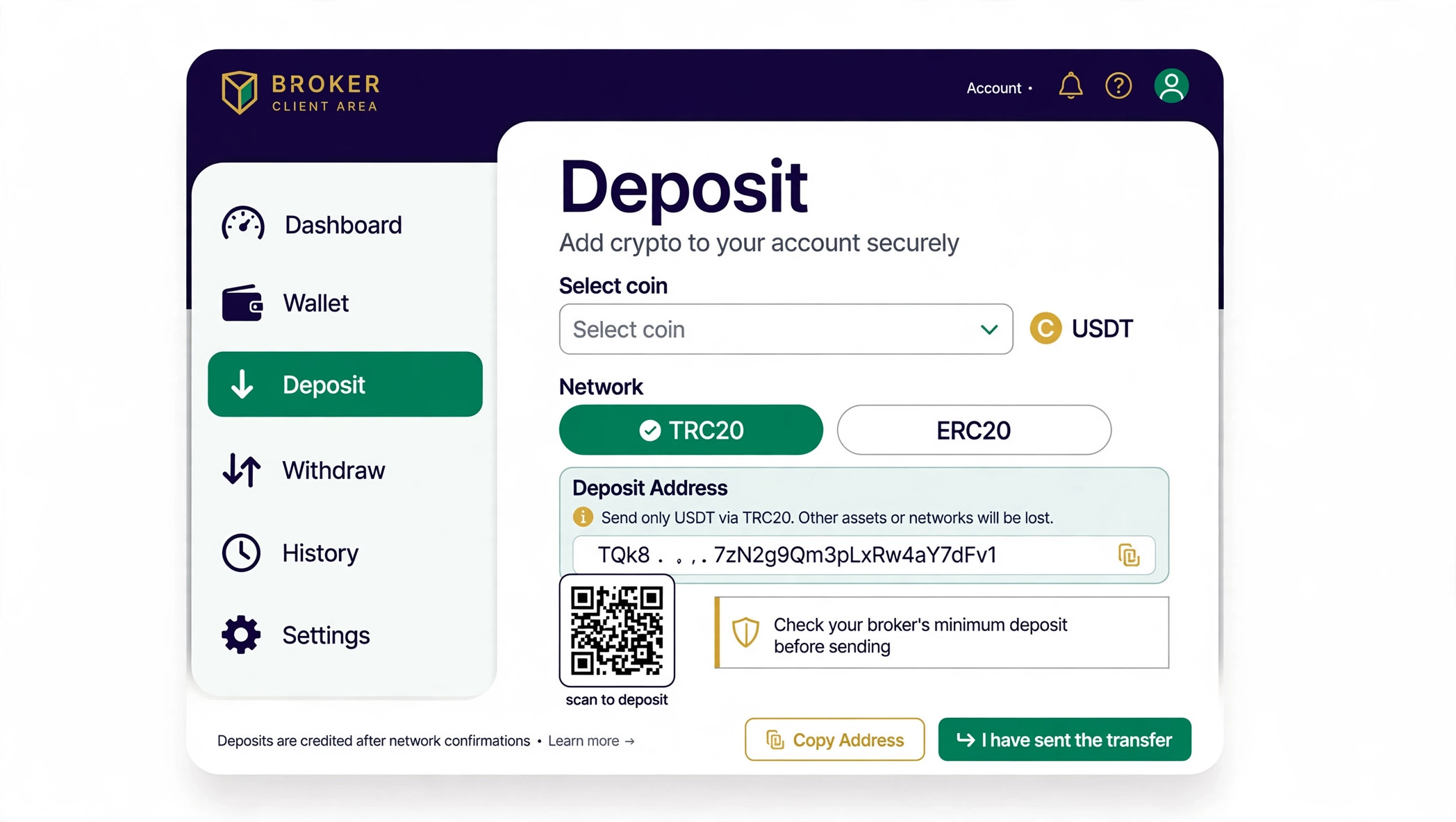 screenshot-style illustration of a broker client-area crypto deposit flow showing coin selection, network choice (TRC20 vs ERC20), and the deposit address QR code