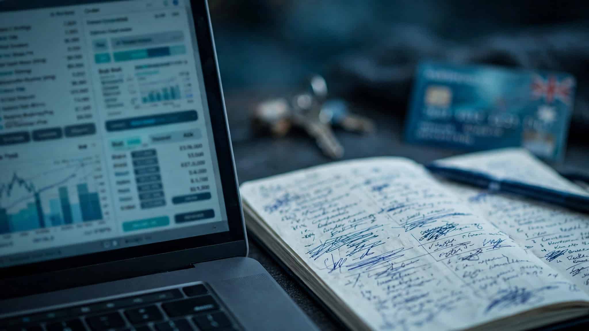 Laptop with a crypto order book and handwritten fee comparison notes