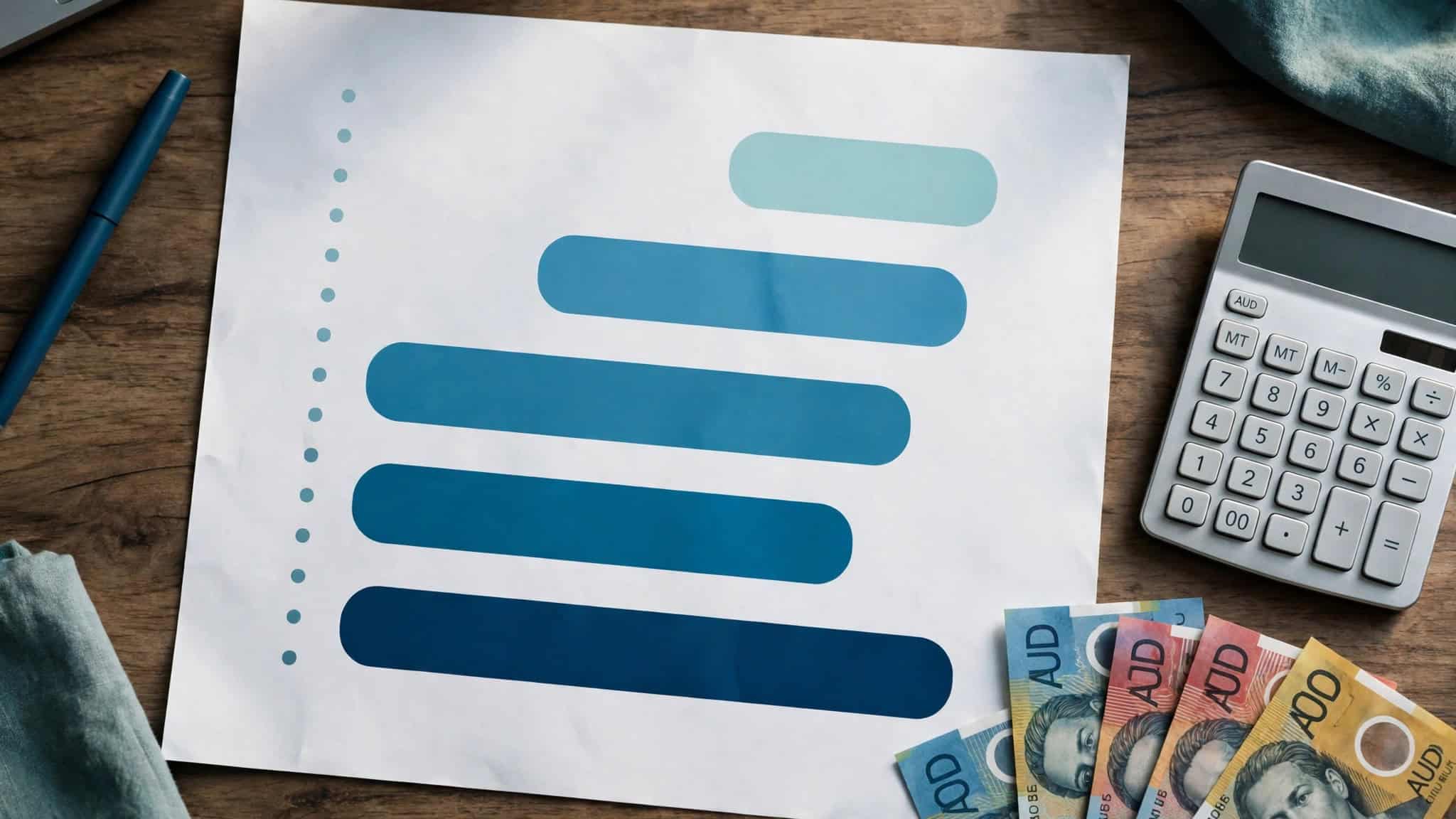 Trading fee comparison bars with a calculator and Australian dollar notes