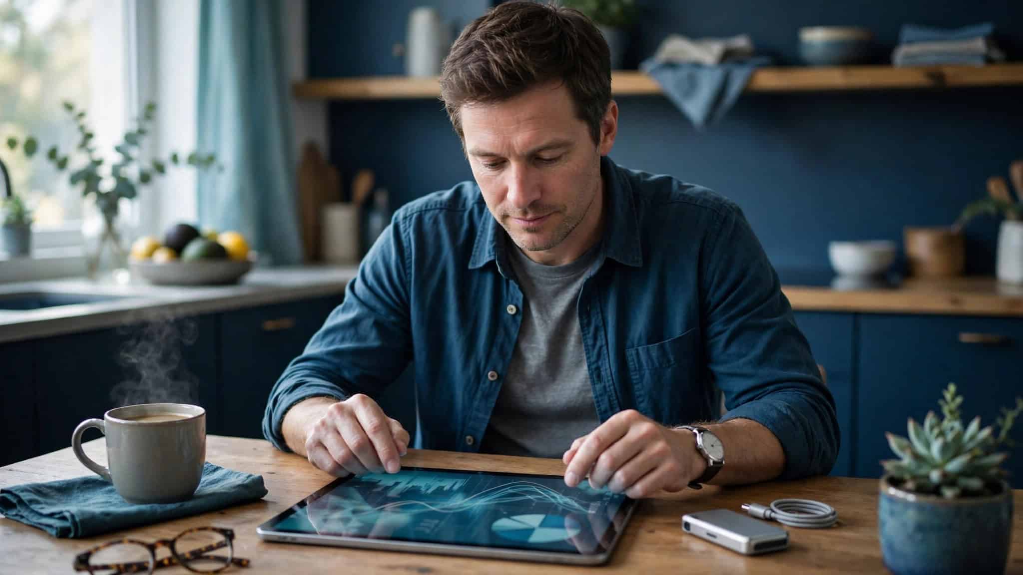 Australian investor reviewing a crypto portfolio on a tablet with a hardware wallet beside it