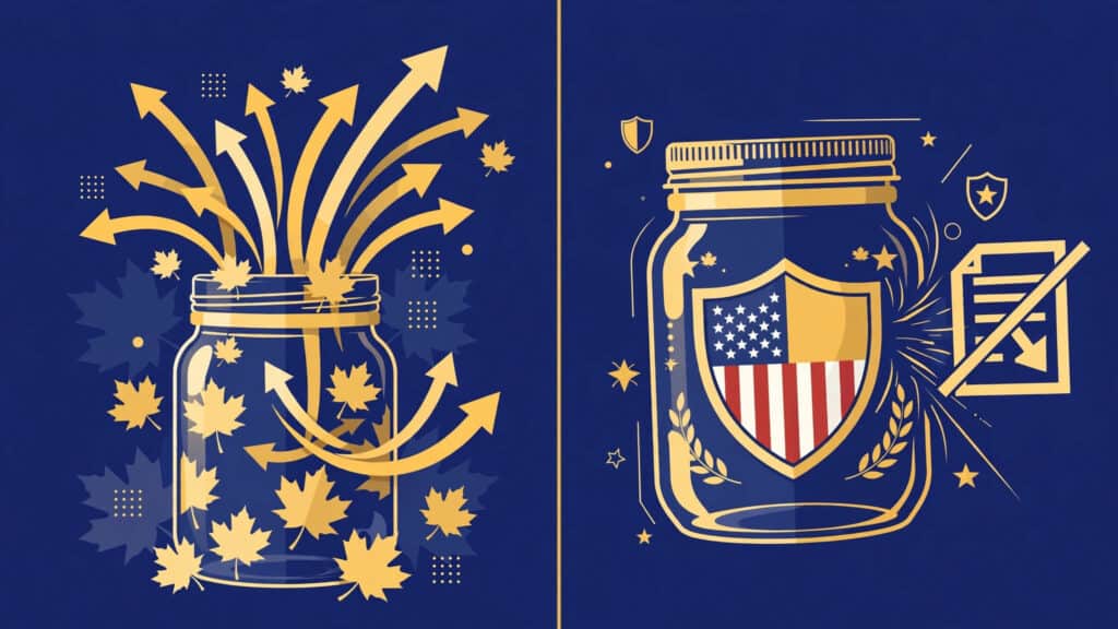 Split-screen editorial illustration comparing two labelled vaults or jars — one maple-leaf-themed TFSA jar overflowing with growth arrows, one RRSP jar with a US flag-accented shield deflecting a tax symbol — flat vector style in blue and gold, no text or numbers