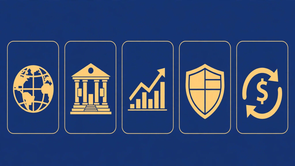 Editorial infographic-style illustration showing a clean grid of category icons representing ETF types — a globe for global equity, a bank building for dividends, a rising US chart line, a shield for bonds, a cash-flow symbol for covered calls — flat vector style in blue and gold, no text or numbers