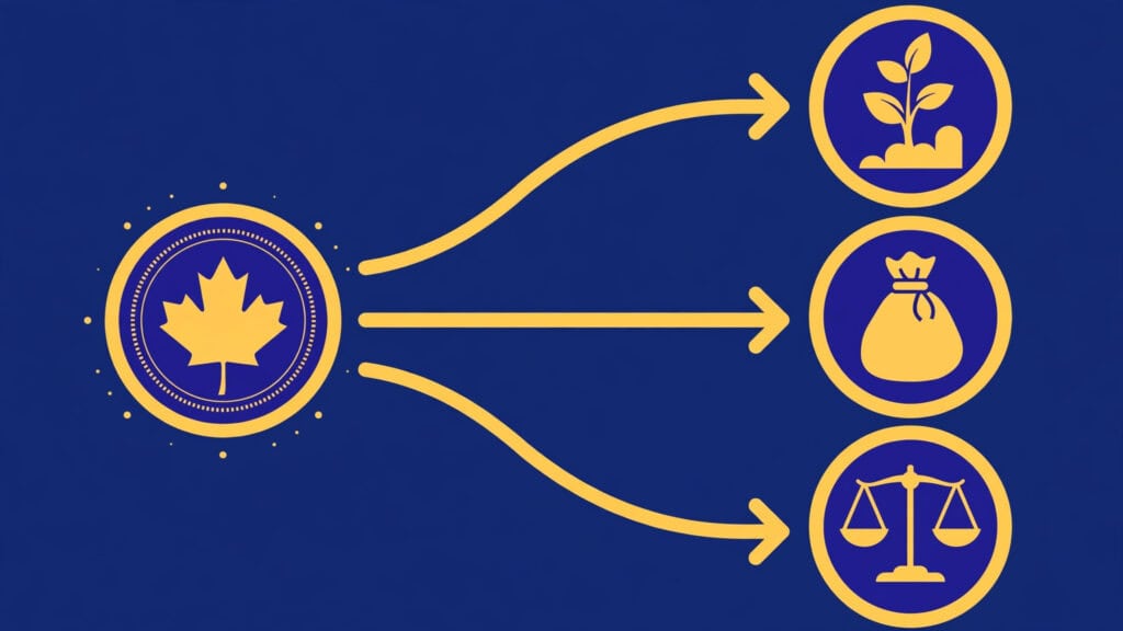 a simple decision path with three branching arrows from a central TFSA-themed starting node toward icons for growth, income, and balance portfolios, clean flat vector style in blue and gold, no text or numbers