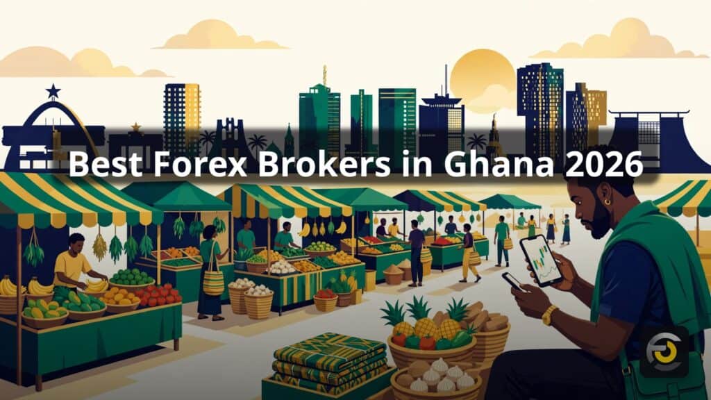 Accra skyline and busy street market with a trader checking forex charts on a smartphone