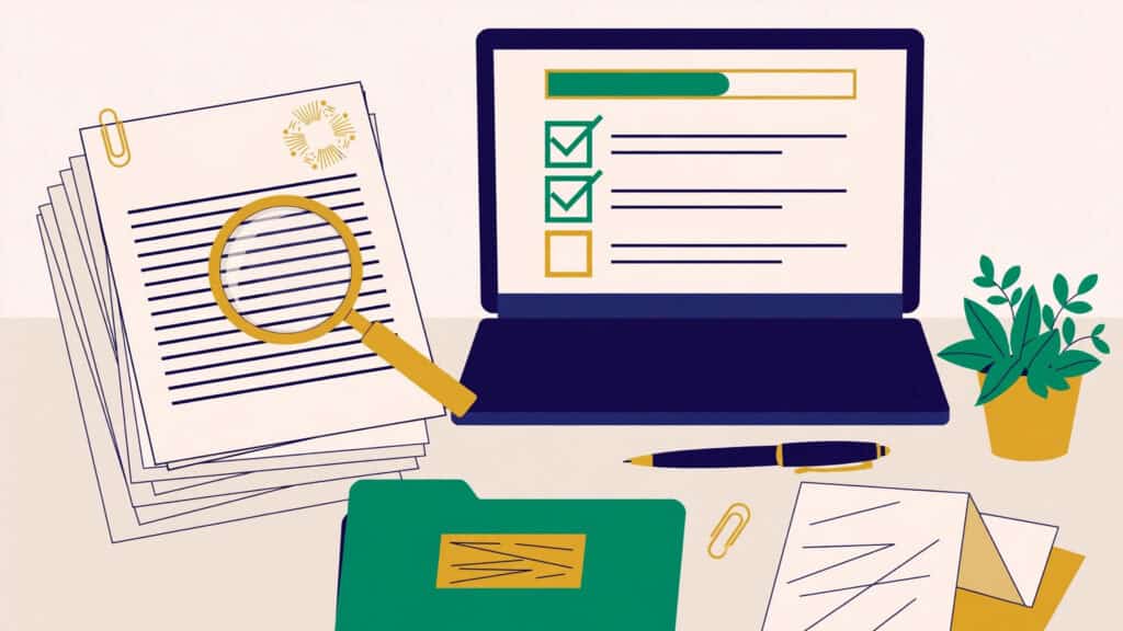 Documents and a laptop showing how to verify a broker's offshore licence and client agreement entity