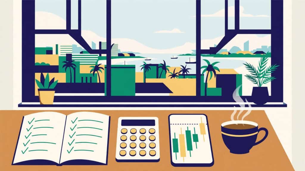 Trader's desk in Accra with a notebook checklist, smartphone and calculator comparing broker costs in cedis