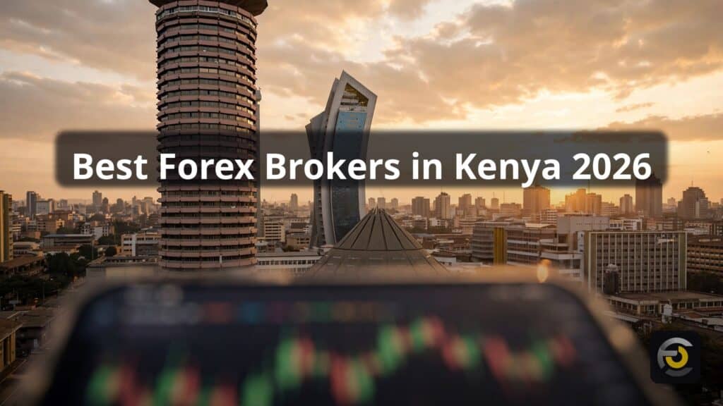 Nairobi skyline at golden hour with the Kenyatta International Convention Centre tower and a trader's smartphone showing forex candlesticks