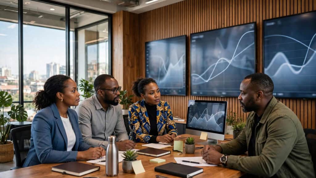 Modern Nairobi brokerage office with Kenyan traders reviewing charts on large screens