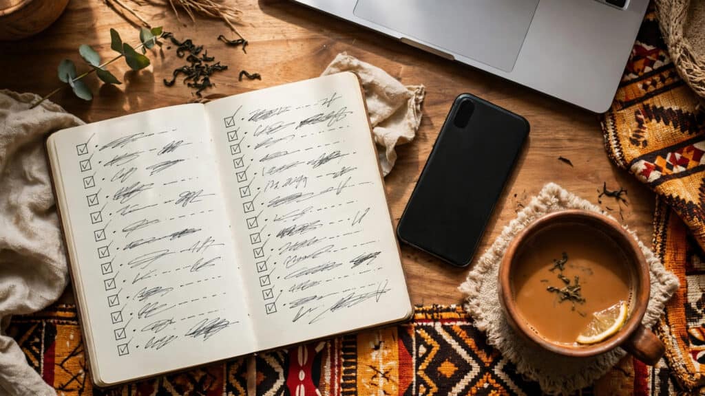 Nairobi desk with a handwritten trading checklist notebook, smartphone and Kenyan tea