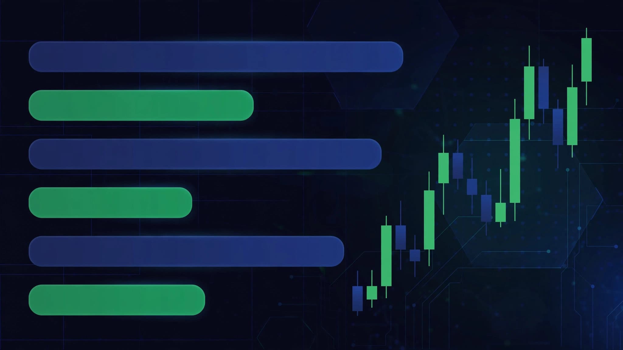 Abstract broker comparison chart graphic with six bar rows and rising candlesticks