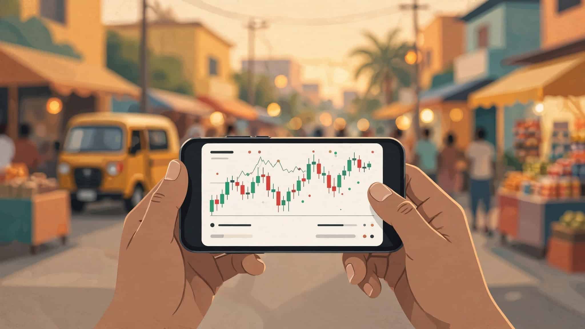 Trader holding a smartphone showing a forex candlestick chart app, Lagos street scene behind