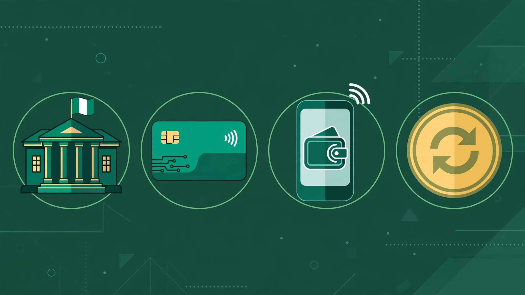 Deposit method icons: Nigerian bank building, debit card, mobile wallet and crypto coin