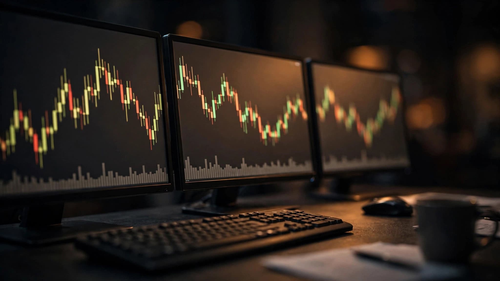 Multi-monitor trading desk with candlestick charts