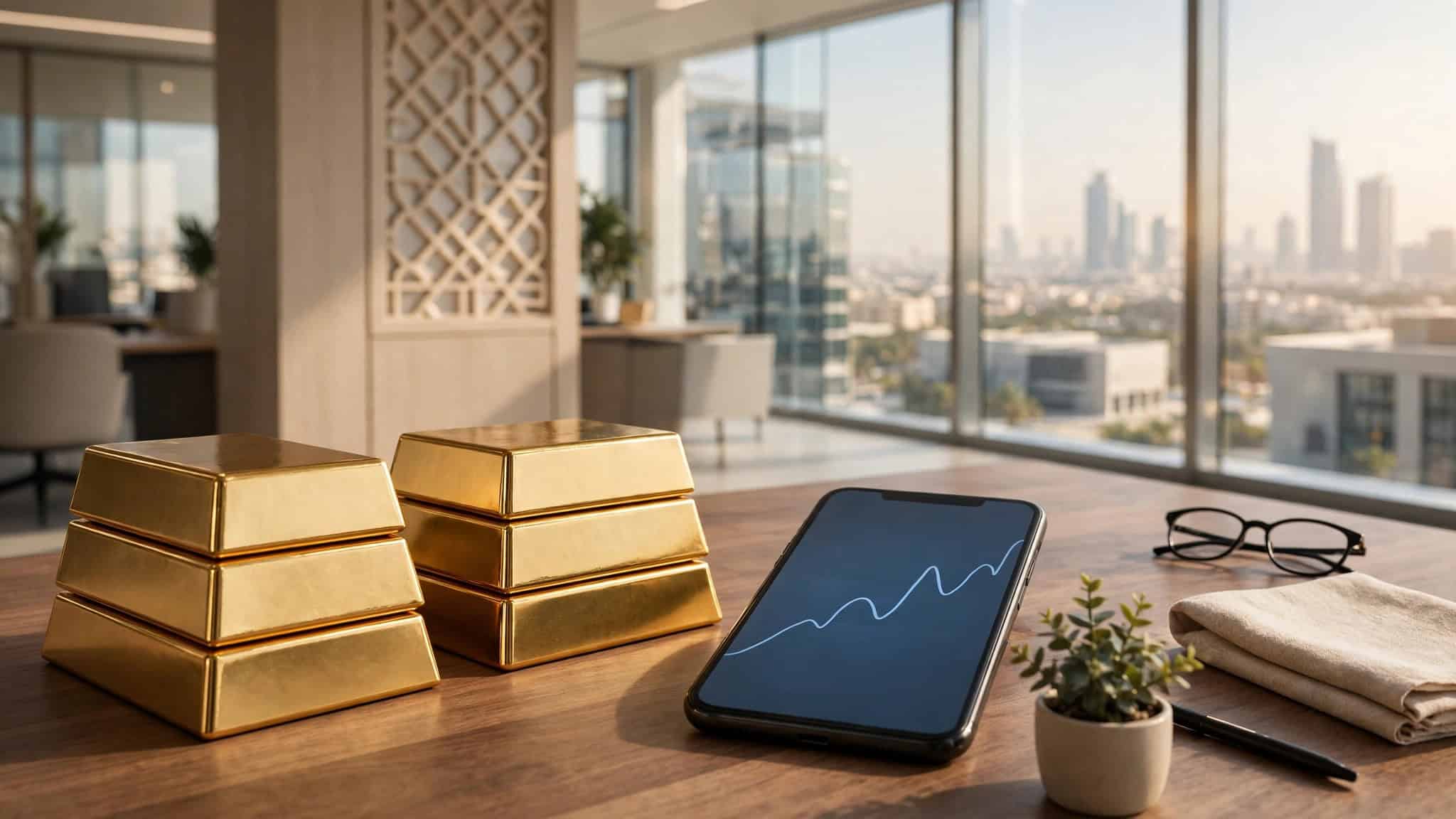 Gold bars and smartphone price chart in an Abu Dhabi office