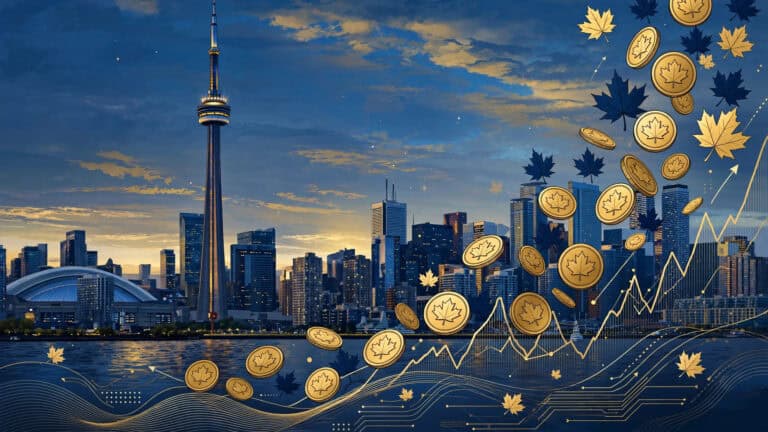 Best high dividend ETFs Canada 2026 — Toronto skyline financial editorial illustration