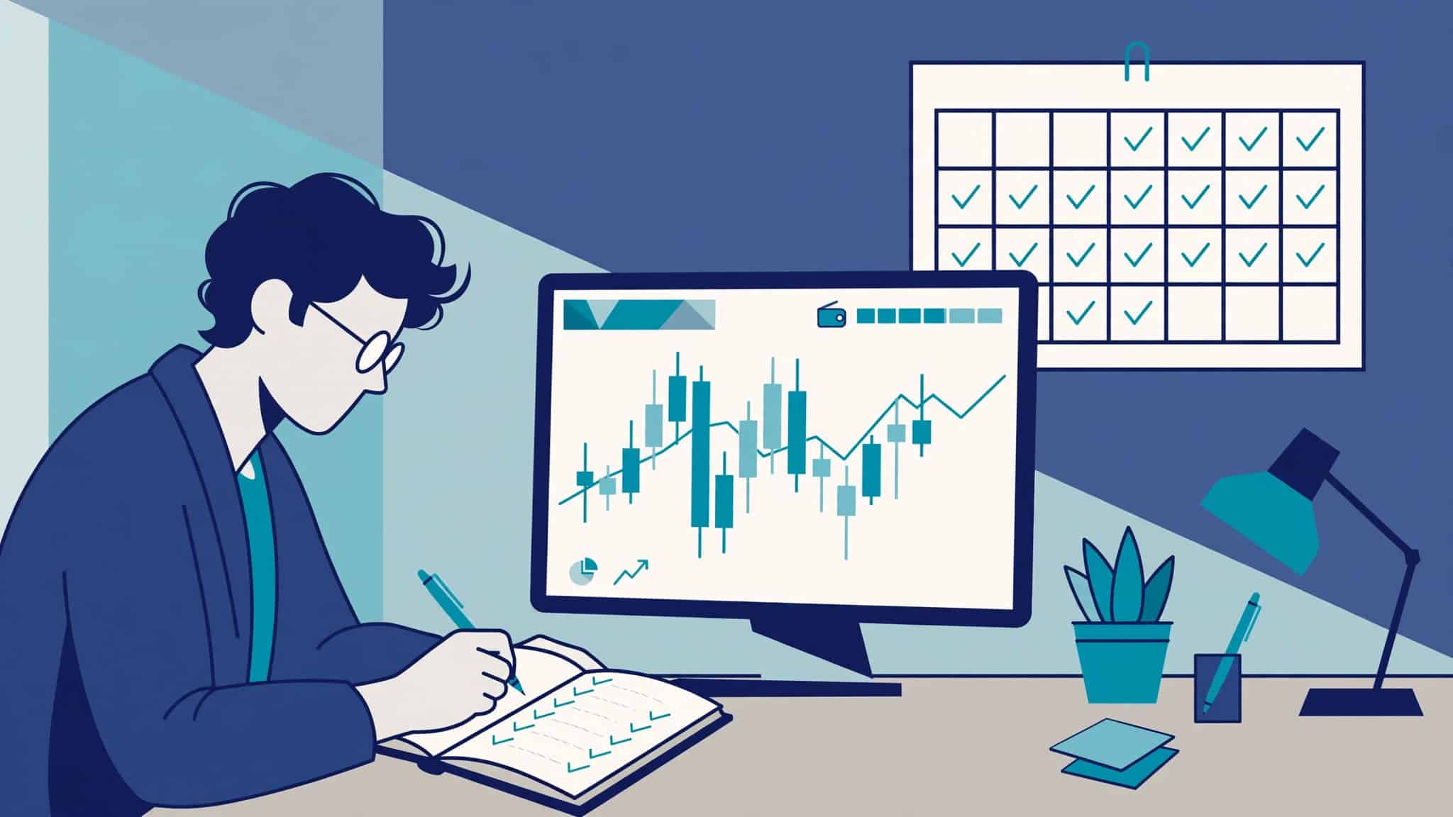 Two-week demo account testing plan — trader logging spreads and slippage beside a practice trading platform