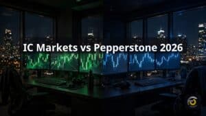 Split-screen view of two trading desks side by side with green and blue candlestick charts — IC Markets vs Pepperstone compared