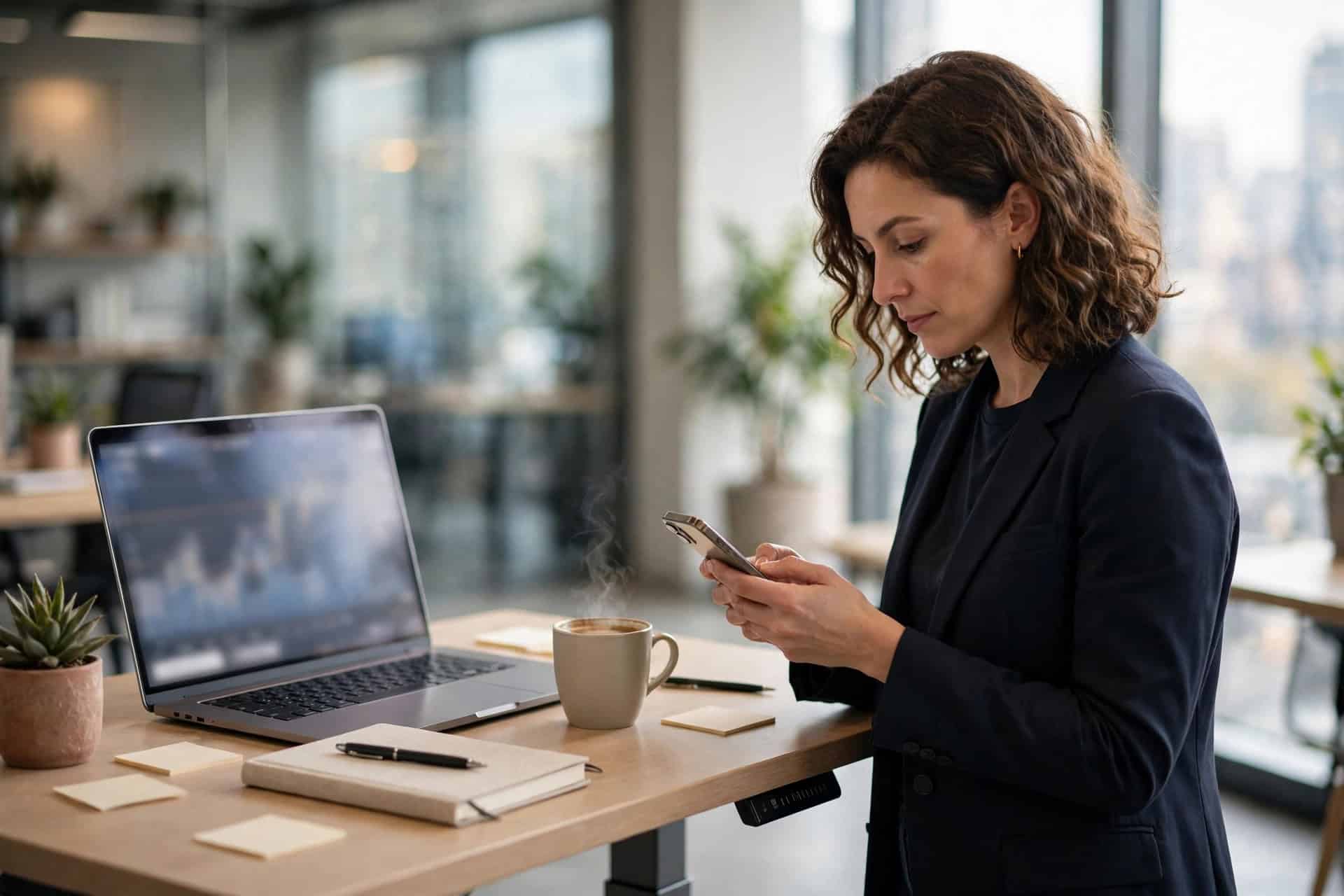 Trader using a smartphone trading app at a standing desk with a laptop, notebook and coffee