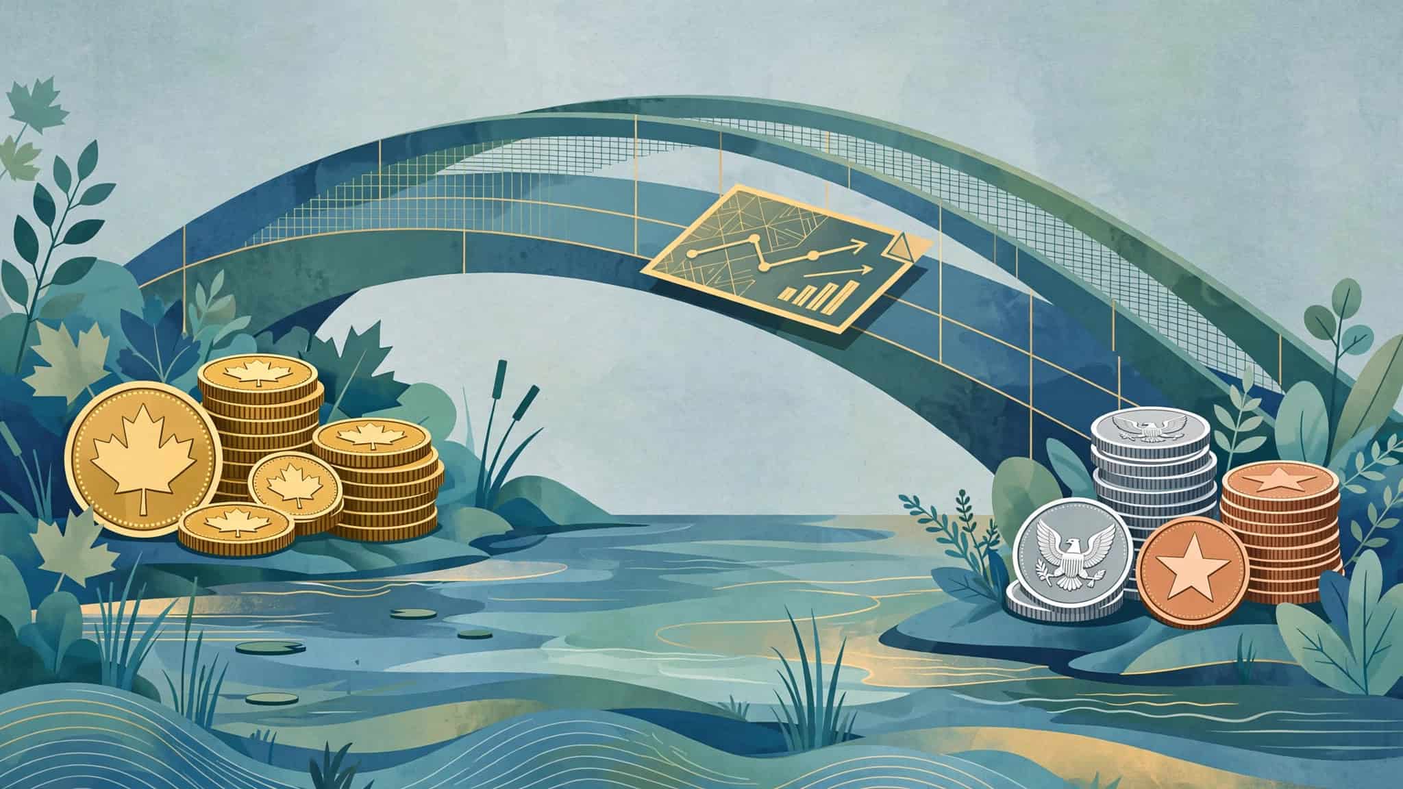Illustration of Canadian and US coins on opposite banks of a river joined by a bridge, with an ETF certificate crossing