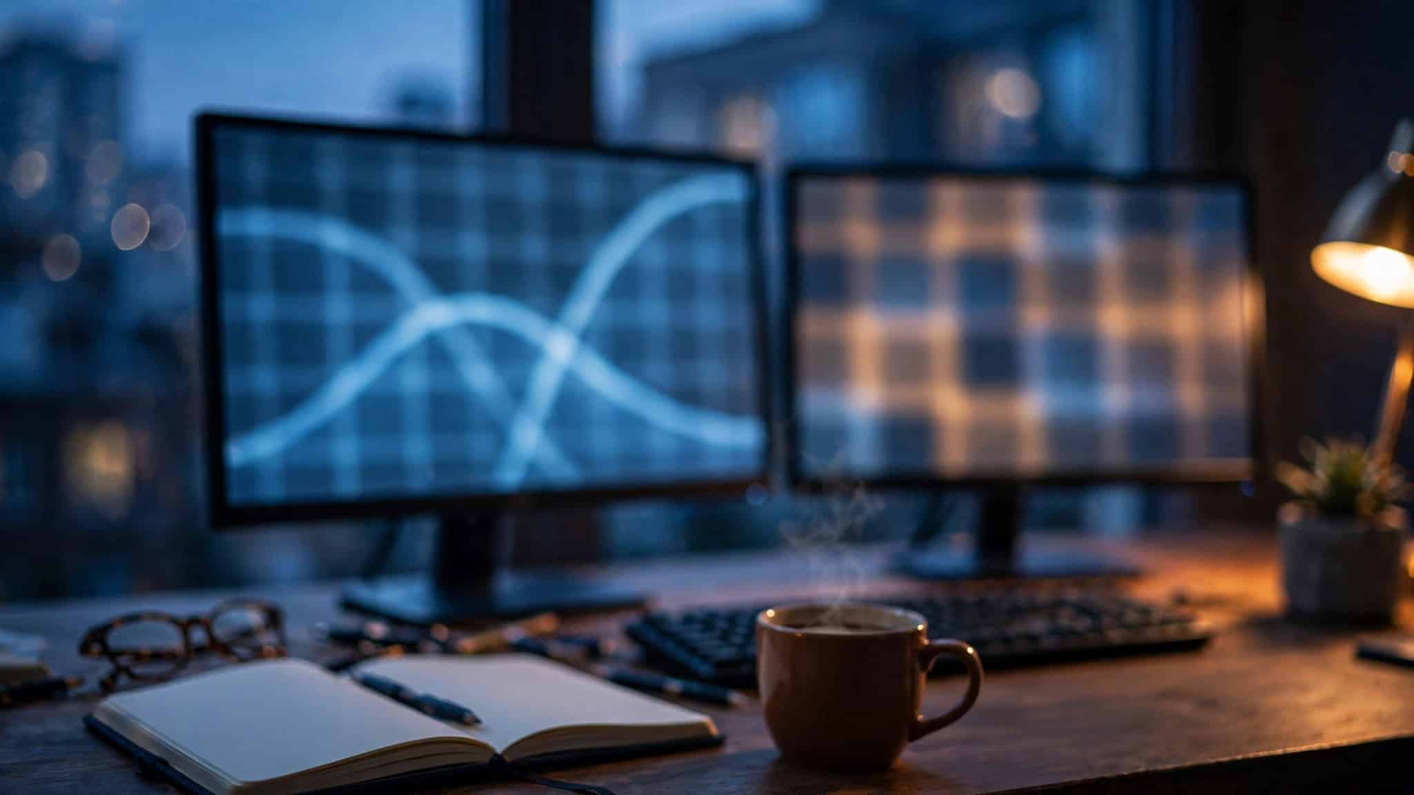 Home options trading desk at dusk with two monitors showing abstract payoff curves, notebook and coffee