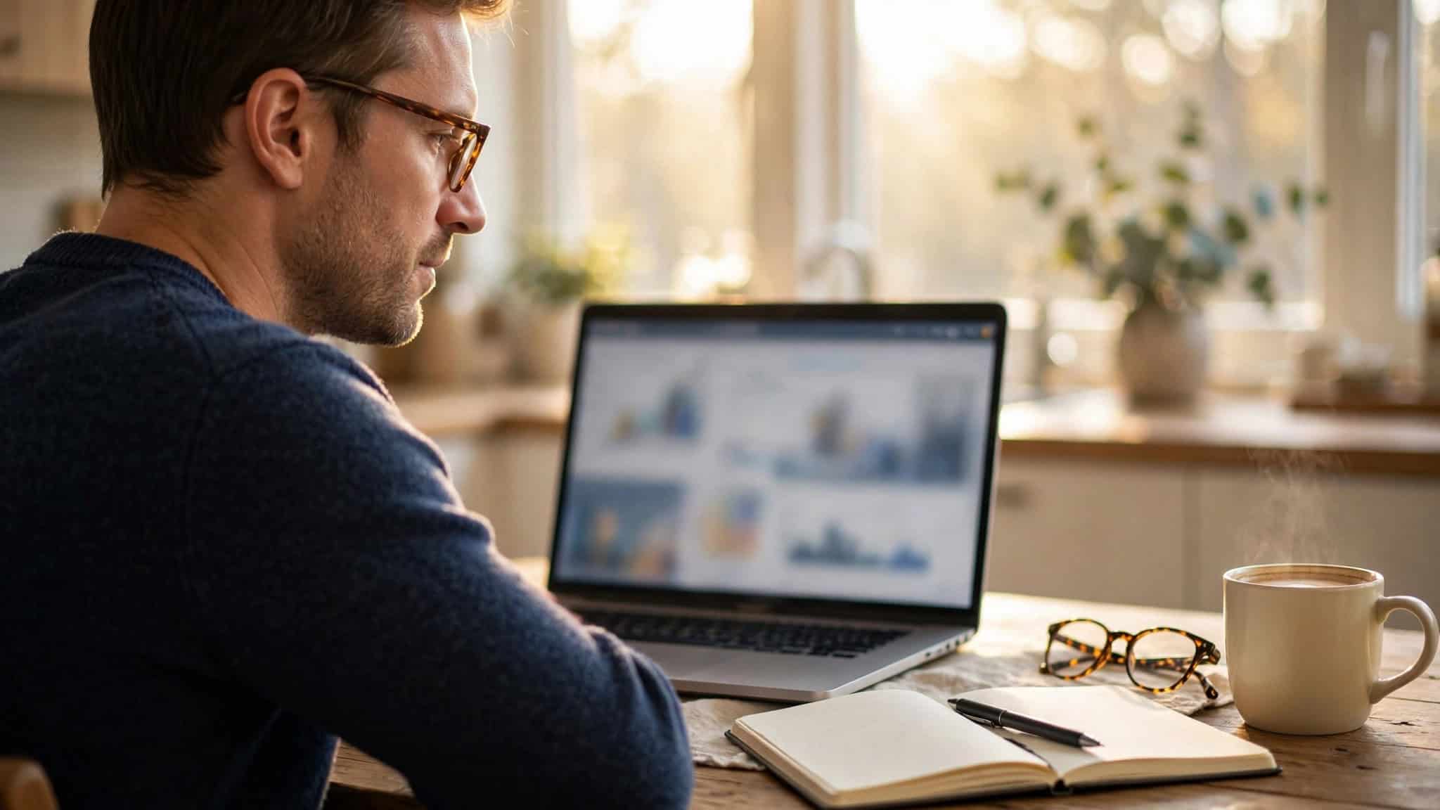 Canadian investor at a kitchen table reviewing a portfolio dashboard on a laptop